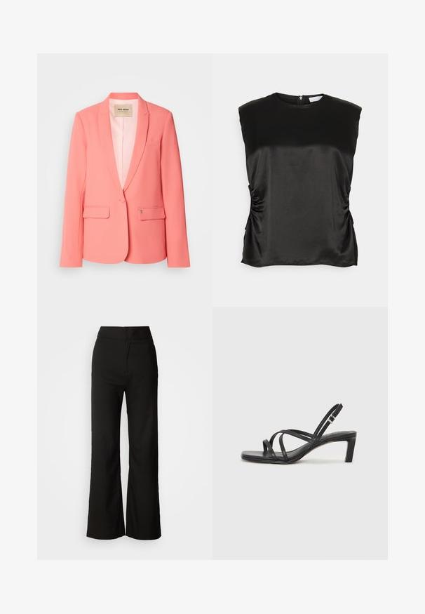 Blazer de color coral con solapa muesca, dos bolsillos frontales, cierre de un botón y una textura suave. Interior forrado con etiqueta de la marca visible.; Top negro sin mangas de satén, con un escote redondo y laterales fruncidos que aportan un detalle texturizado. Cierre de cremallera en la parte trasera visible.; Pantalones de pierna ancha negros con una textura suave, cintura alta y un diseño limpio. Sin bolsillos visibles ni adornos.; Sandalia negra de tiras con punta cuadrada y tacón bajo de bloque. Presenta múltiples tiras delgadas y una correa ajustable en el tobillo. Fabricada en cuero suave.