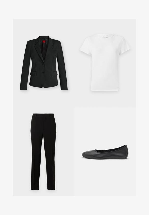 Blazer noir ajusté avec deux boutons, revers crantés, poches à rabat, et une étiquette rouge HUGO à l’intérieur du col.; T-shirt en coton blanc avec un col rond et des manches courtes, présentant une coupe décontractée et un design minimaliste. Étiquette visible au niveau du cou.; Pantalons noirs ajustés en tissu lisse, présentant une coupe droite, des plis creux, des passants de ceinture et une fermeture éclair.; Ballerines en cuir noir avec un bout rond, texture lisse, détails de couture minimalistes et design de semelle flexible.