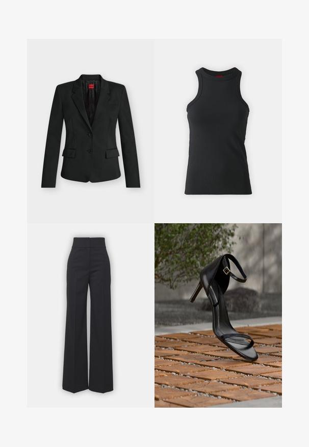 Blazer noir ajusté avec deux boutons, revers crantés, poches à rabat, et une étiquette rouge HUGO à l’intérieur du col.; Débardeur sans manches noir en tissu extensible. Présente un col rond et une silhouette ajustée avec des détails de couture minimaux.; Pantalons à jambes larges en tissu noir avec une taille haute, présentant une finition soignée et une texture lisse. Pas de matériel ou de motifs visibles.; Sandale noire à talon haut avec sangle à la cheville, suspendue au-dessus d'un sol en carreaux de bois à l'extérieur, avec un arrière-plan flou de verdure et de pierre.