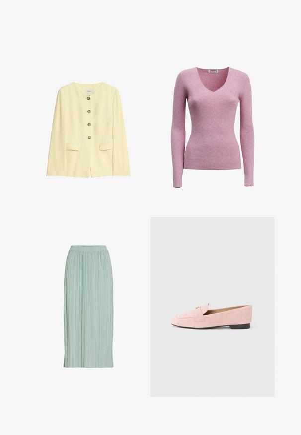 Gul skræddersyet jakke med rund halsudskæring, fem gyldne knapper og sidelommer; glat tekstur og struktureret design.; Lys lyserød ribstrikket sweater med lange ærmer og V-halsudskæring, vist på en hvid baggrund.; Lysegrøn plisseret midinederdel med elastisk talje, lige pasform og let stof.; Lyserød loafer i ruskind med en lille hæl, der har en rund tå og en dekorativ klap med hardware-detalje. Glat tekstur og klassisk design.