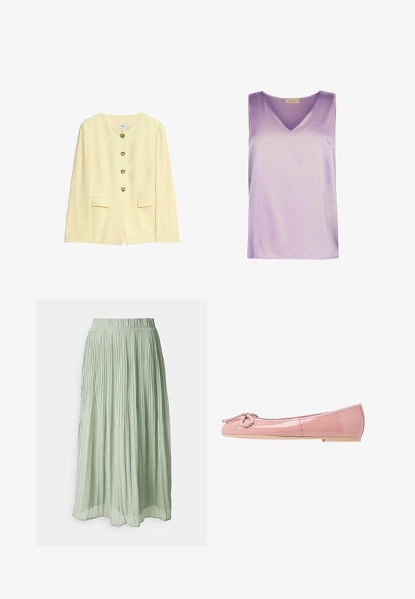 Gul skræddersyet jakke med rund halsudskæring, fem gyldne knapper og sidelommer; glat tekstur og struktureret design.; Ærmeløs lavendel satin top med V-halsudskæring og lige kant, fra Falconeri Beta-kollektionen.; Plisseret midi-nederdel i lysegrønt stof med en blød tekstur. Elastisk talje, flydende design og subtil glans over det hele.; Lyserøde patentlæder balletflade med en rund tå, rebdetalje foran og en beige gummisål. Glat, blank finish overalt.