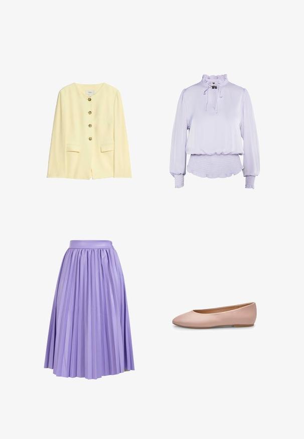 Gul skræddersyet jakke med rund halsudskæring, fem gyldne knapper og sidelommer; glat tekstur og struktureret design.; Lavendelfarvet bluse med lange ærmer, flæset høj krave, bindedetalje, rynket talje og manchetter.; Plisseret nederdel i lys lavendelstof med en glat talje. Har vertikale folder, der strækker sig til kanten, hvilket skaber volumen og bevægelse.; Lyserød ballerina i læder med spids tå, glat tekstur, få detaljer og en solid lys brun sål. Enkelt design uden pynt.