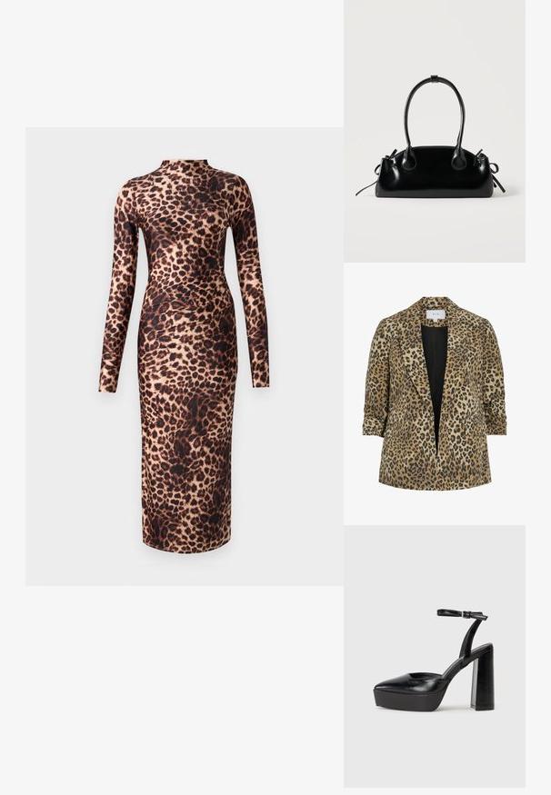 Blazer en imprimé léopard avec un design à boutonnière unique, des revers pointus, deux poches avant et une texture lisse dans des tons de beige et de noir.; Good American SHINE MIDI DRESS - Robe de soirée - multi coloured; Escarpins noirs à plateforme avec un bout pointu et une sangle réglable à la cheville. Conçus en cuir lisse, avec un large talon bloc.; Petit sac à main noir brillant avec deux longues anses et des détails à cordon sur les côtés sur un fond clair uni.