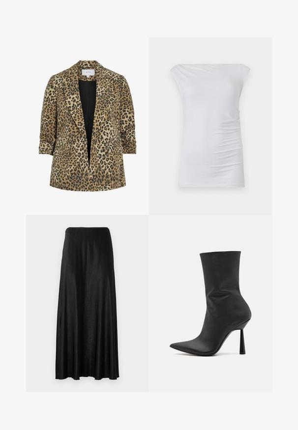 Blazer en imprimé léopard avec un design à boutonnière unique, des revers pointus, deux poches avant et une texture lisse dans des tons de beige et de noir.; Haut blanc décolleté fait en tissu doux ; présente une coupe ajustée avec des fronces discrètes sur les côtés et une texture lisse.; Jupe noire, longue jusqu'au sol, fabriquée dans un tissu lisse et léger. Présente un design simple et sans couture avec une taille élastique.; Bottine en cuir noire avec un bout pointu, une silhouette élégante et un talon aiguille haut. Extérieur lisse avec des détails de design minimalistes.