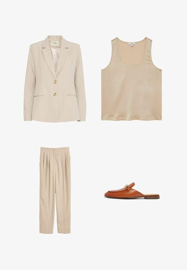 Beige blazer med en notch-krave, to knapper og sidelommer. Fremstillet af glat stof, har diskrete syninger som detaljer.; Reiss REGULAR FIT - Bluse - neutral; Beige plisserede bukser med en skræddersyet pasform, lavet af et glat stof, der har et klassisk taljebånd og lige ben.; Brune læder slip-on mule med guld spænde og lavt træhæl, vist i sideprofil på hvid baggrund.