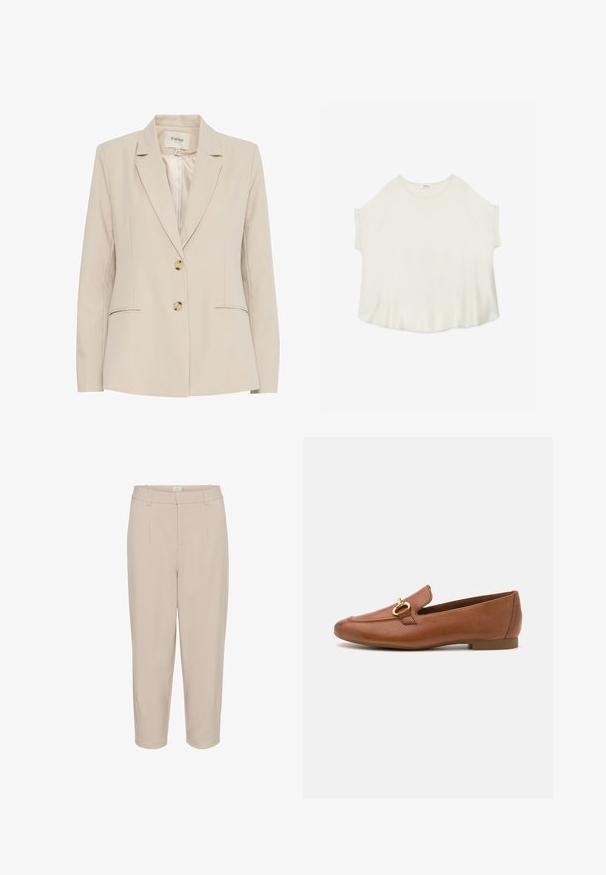 Beige blazer med en notch-krave, to knapper og sidelommer. Fremstillet af glat stof, har diskrete syninger som detaljer.; Løs kortærmet bluse i lys cremefarve med rund halsudskæring og opsmøgede ærmekanter, vist fladt på en hvid baggrund.; Beige forkortede bukser med en glat tekstur, frontfald, to sidelommer og en taljehøjde. Lige ben design med skræddersyet finish.; Brune læder loafers med en rund tå, featuring en dekorativ guldfarvet hardware accent. Flad sål og glat finish.