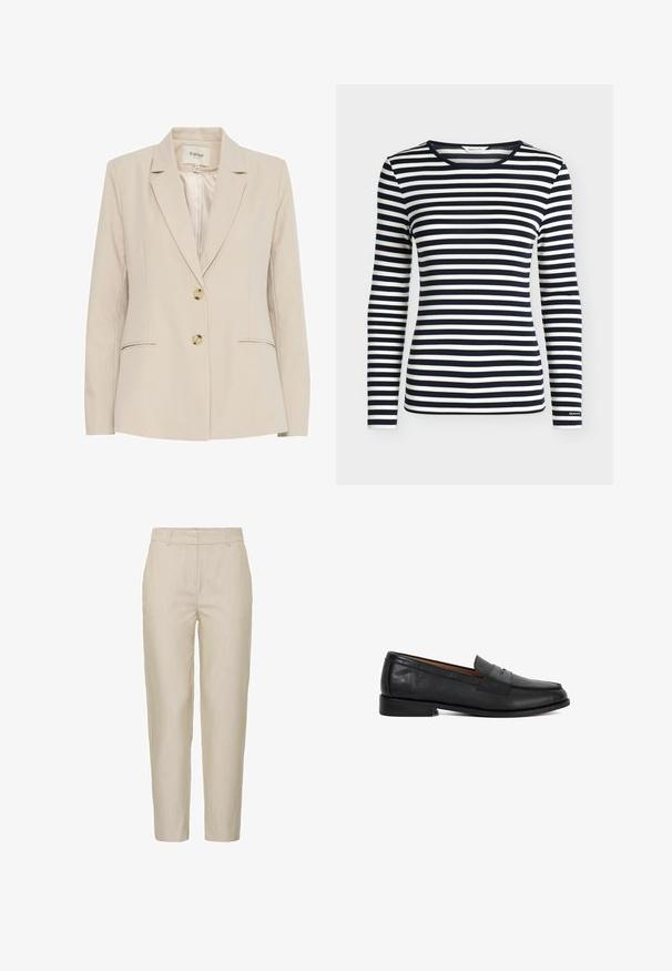 Beige Blazer mit Reverskragen, zwei Knöpfen und seitlichen Taschen. Aus glattem Stoff gefertigt, mit subtilen Nähten.; Langarmshirt mit marineblauen und weißen horizontalen Streifen und rundem Ausschnitt, mit GANT-Logo am Ärmelbündchen.; Beige Hosen aus leichtem Stoff, mit schmalem Schnitt, flachem Bund und seitlichen Taschen; glatte Textur mit dezenten Streifen.; Schwarzer Penny-Loafer aus Leder mit niedrigem Absatz, abgerundetem Zehenbereich und Riemendetail auf glattem Obermaterial, dargestellt in seitlicher Ansicht von links.