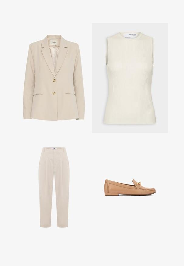 Blazer beige con cuello muesca, dos botones y bolsillos laterales. Fabricado en una tela suave, presenta sutiles acentos de costura.; Selected Knitted Sleeveless - Top - birch; Pantalones beige ajustados con una cintura alta, frente plisado y piernas estrechas. Fabricados con un tejido ligero y de textura suave.; Mocasines de cuero color canela con un detalle de herrajes en tono dorado, suela plana y costuras decorativas a lo largo de los lados. Textura suave.