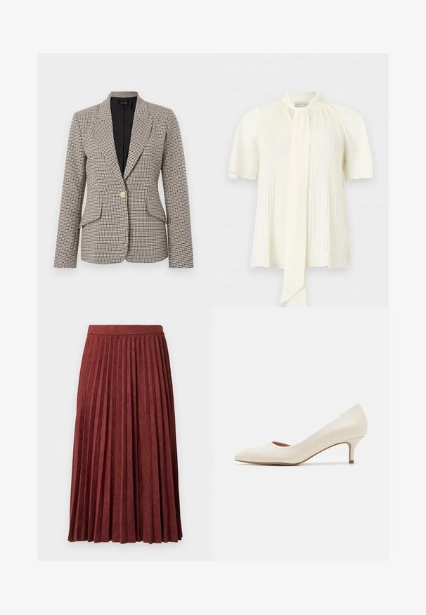 Μπλέιζερ με μοτίβο houndstooth σε καφέ και μαύρο, με ένα χρυσό κουμπί, δύο μπροστινές τσέπες και καλοσχηματισμένο γιακά. Εσωτερική επένδυση.; Μπλούζα σε κρεμ απόχρωση με κοντά puff μανίκια, κάθετες πιέτες στο μπροστινό μέρος και λεπτομέρεια με μακριά κορδέλα στον λαιμό.; Μπορντό πλισέ μίντι φούστα από απαλό ύφασμα, με κάθετες πτυχές και εφαρμοστή μέση. Λεία υφή με μονόχρωμο χρώμα.; Μπεζ γοβάκι με χαμηλό τακούνι, σε σχήμα μυτερού δακτύλου και με λείο, γυαλιστερό επάνω μέρος. Διαθέτει μια διακριτική κοπή κατά μήκος της καμάρας και ένα λεπτό, κωνικό τακούνι.