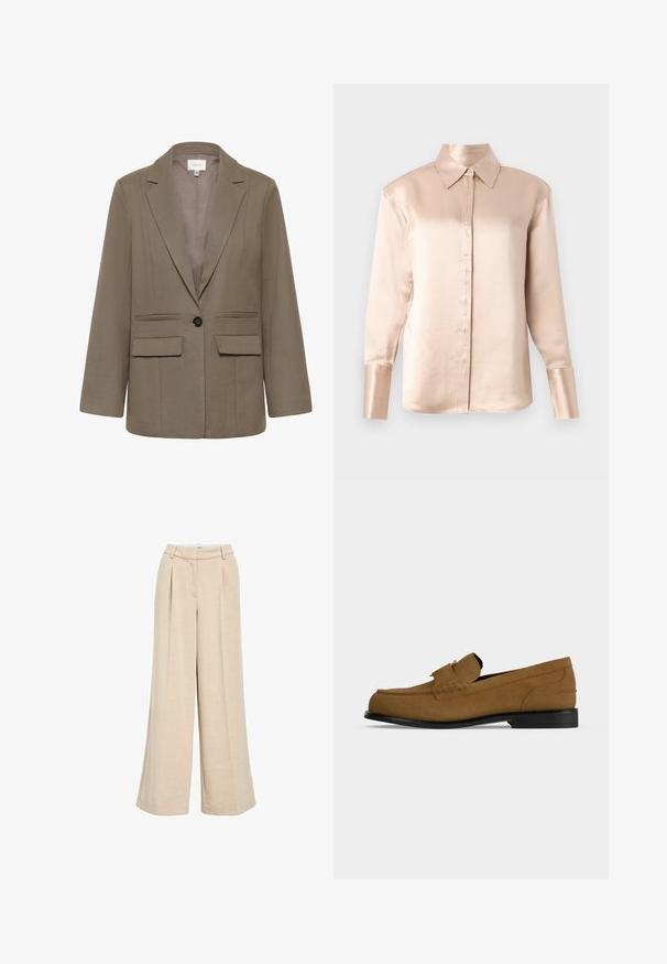 Blazer marron à coupe ajustée, avec col cranté, deux poches avant et une fermeture à un bouton. Tissu lisse avec une texture subtile.; Blouse en satin beige doux avec un col classique, des manches longues, un devant boutonné et une coupe légèrement oversize. Texture lisse, détails minimalistes.; Pantalons larges beige clair en tissu texturé, avec une taille haute, des plis avant et des poches latérales pour plus de fonctionnalité.; Mocassin en daim brun avec semelle noire et détail en métal, présenté de profil sur un fond clair uni.