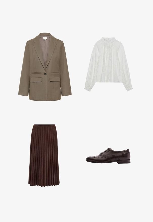 Blazer marron à coupe ajustée, avec col cranté, deux poches avant et une fermeture à un bouton. Tissu lisse avec une texture subtile.; Blouse blanche à manches longues, avec un motif floral texturé, un décolleté froncé et des poignets élastiques. Tissu doux et léger.; Jupe midi plissée brun foncé avec une ceinture lisse, présentée sur fond blanc.; Chaussure habillée brogue en cuir brun foncé pour homme avec perforations en forme d'ailes et lacets, montrée en profil latéral sur fond blanc.