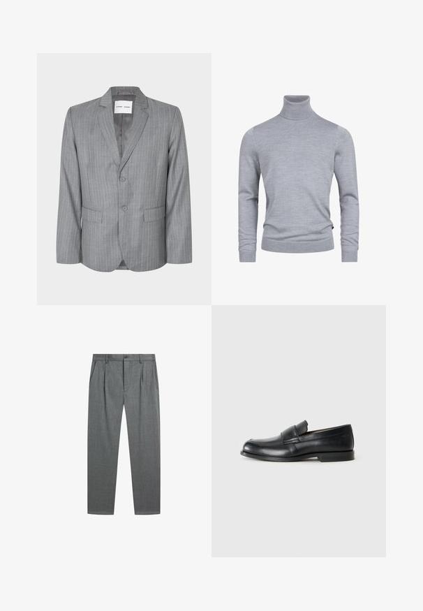 Blazer gris à rayures fines avec un design à boutonnage simple, deux poches avant et un col cranté. Doublure intérieure lisse, fermeture à deux boutons.; Pull en col roulé gris fabriqué dans un tissu tricoté doux. Il dispose de manches longues et d'un design ajusté avec des poignets et un ourlet côtelés. Texture simple et lisse.; Pantalon formel gris avec plis à l’avant, poches latérales, passants de ceinture et fermeture par bouton à la taille sur fond blanc.; Mocassins en cuir noir avec un bout rond, des détails cousus et une semelle en caoutchouc plate. Présentent une large bande sur le cou-de-pied.