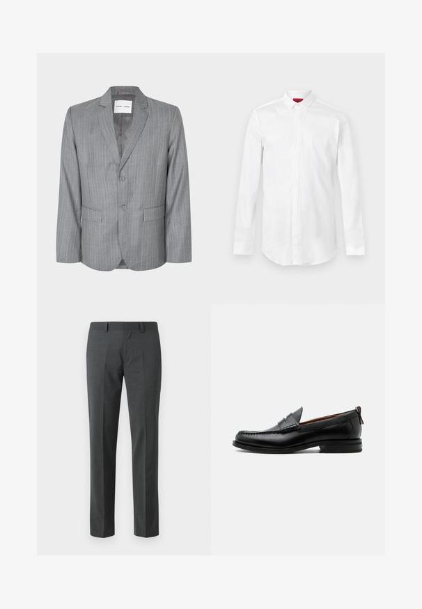 Blazer gris à rayures fines avec un design à boutonnage simple, deux poches avant et un col cranté. Doublure intérieure lisse, fermeture à deux boutons.; Chemise blanche à manches longues avec col pointu et patte de boutonnage cachée, présentée sur un fond clair uni.; Pantalons ajustés gris foncé en textile lisse. Présente des jambes droites, une taille plate et des passants de ceinture. Pas de motifs ou d'accents visibles.; Mocassin homme en cuir noir avec couture moc toe, bride penny, col texturé et petit talon empilé sur fond blanc.