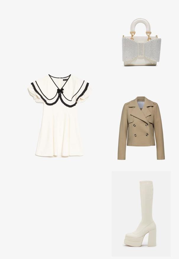 Chaqueta de lana beige de doble botonadura con cuello muesca, mangas largas y dos botones grandes. Presenta bolsillos delanteros con solapa y un corte entallado.; Vestido crema con cuello grande con borde negro, bordes de volantes negros, mangas cortas abullonadas y un pequeño lazo negro en el escote.; Steve Madden CYPRESS - Botas con plataforma - off white; Pequeño bolso blanco con asa acolchada y gran lazo frontal decorado con cuentas plateadas y detalles de herrajes dorados.