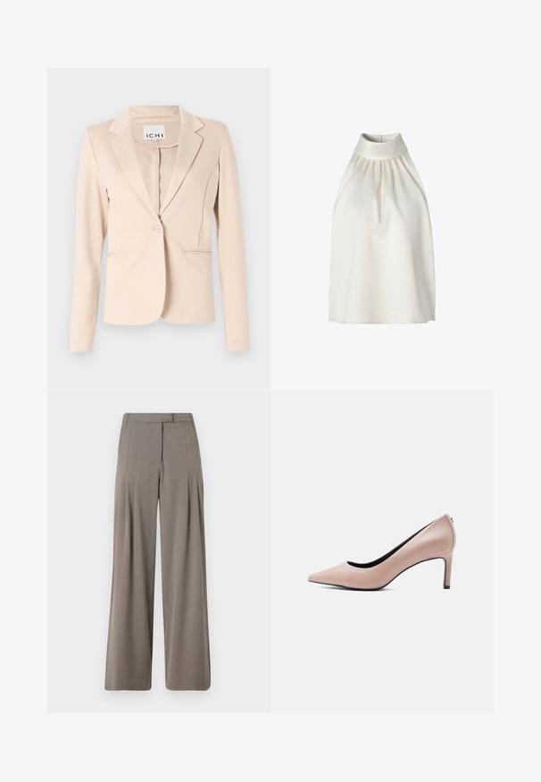 Blazer beige à bouton unique avec revers crantés, manches longues et deux poches passepoilées à l'avant, suspendu devant un fond uni.; Débardeur dos nu sans manches en tissu crème lisse, avec des plis sur le devant, un col montant et un ourlet droit.; Pantalons à jambe large en tissu marron clair, dotés de plis, d'un devant plat et d'un ourlet net. Texture lisse avec un léger éclat.; Chaussure à talon haut beige à bout pointu avec un talon aiguille mince sur un fond blanc uni.