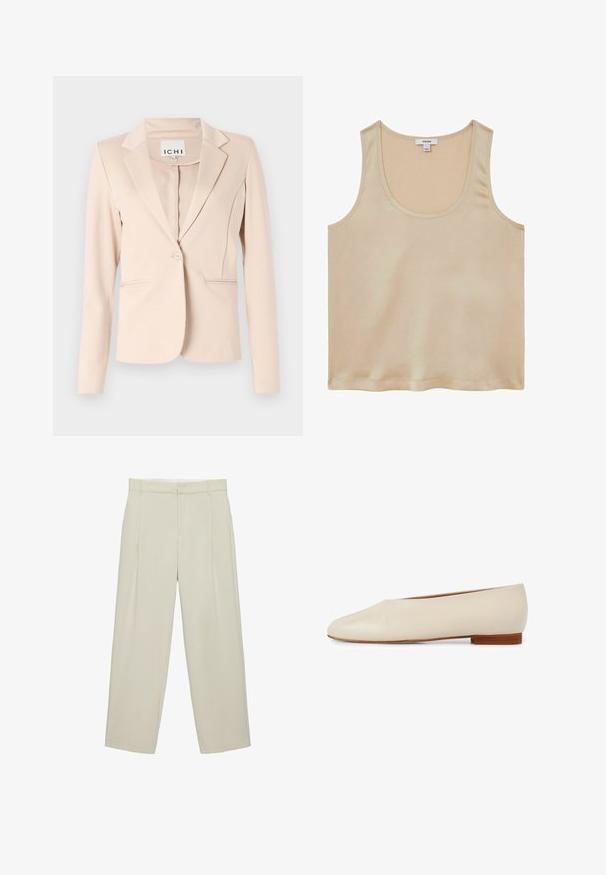 Beige blazer med enkelt knap, notched revers, lange ærmer og to forlommer, hængende mod en ensfarvet baggrund.; Reiss REGULAR FIT - Bluse - neutral; Beige højtaljede skræddersyede bukser med sidelommer, bæltestropper og lynlås foran, i en rette bukseben pasform.; Beige læder flad sko med spids tå design, minimalistsk form og en kort træhæl for stabilitet og komfort.