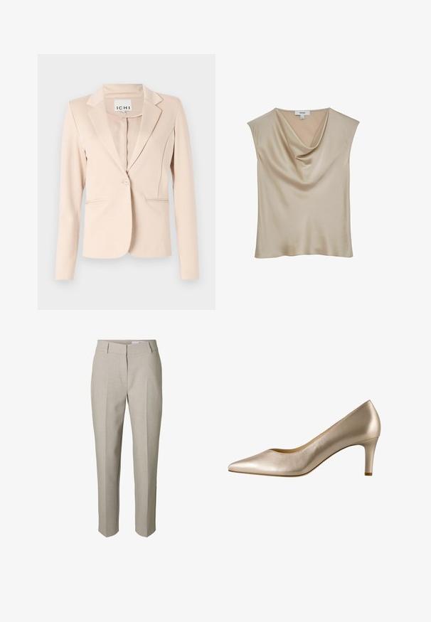 Beige blazer med enkelt knap, notched revers, lange ærmer og to forlommer, hængende mod en ensfarvet baggrund.; Beige satinærmløs bluse med kaskadeudskæring, mærket "REISS", vist mod en hvid baggrund.; Beige skræddersyede bukser med bæltestropper, lynlås foran og pressede læg ned langs benene, vist mod en hvid baggrund.; Beige spidse pumps lavet af glat læder med lav hæl. Har et strømlinet design og en subtil blank finish.