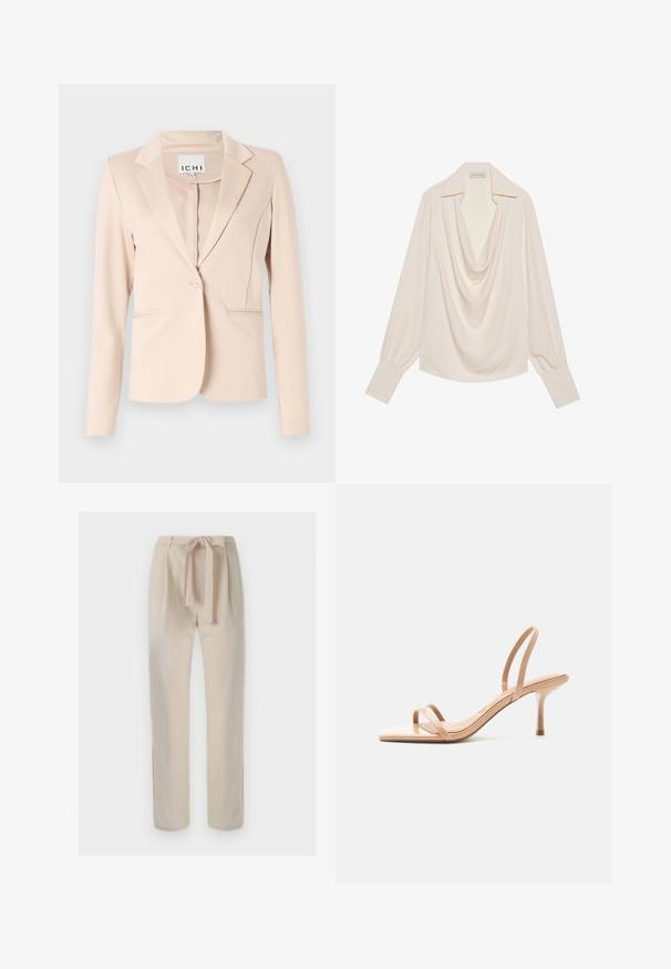 Blazer beige à bouton unique avec revers crantés, manches longues et deux poches passepoilées à l'avant, suspendu devant un fond uni.; Blouse à manches longues et col cheminée en tissu crème clair, avec une coupe décontractée, des poignets roulés et un drapé sans couture au niveau du col.; Pantalon beige taille haute avec une ceinture en tissu nouée en nœud, coupe droite et détails minimalistes sur un fond uni.; Sandale beige à talon haut avec fines lanières sur les orteils et autour du talon, avec un bout carré et un talon aiguille fin, sur fond blanc.