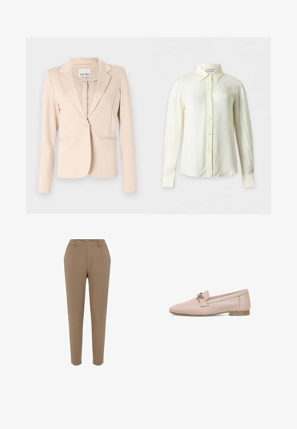 Beige blazer med enkelt knap, notched revers, lange ærmer og to forlommer, hængende mod en ensfarvet baggrund.; Langærmet cremefarvet bluse med spids krave og knapper foran, vist på ensartet baggrund uden mønstre eller yderligere genstande.; Brune skræddersyede bukser med lige ben, glat tekstur, forlommer og en talje med bæltestropper.; Lysrosa læder loafers med flad sål, prydet med en dekorativ rem og hardware i guldfarve. Glat tekstur med spids tådesign.