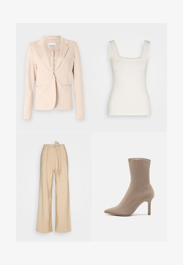 Beige blazer med enkelt knap, notched revers, lange ærmer og to forlommer, hængende mod en ensfarvet baggrund.; Cremefarvet top med firkantet halsudskæring, smalle stropper og tætsiddende silhuet. Lavet af blødt, strækbart stof. Ingen mønstre eller dekorationer.; Beige viddebenede bukser i et glat stof, med en bundet taljedetalje og frontfolder for en struktureret form.; Call it Spring CIEL - Højhælede støvletter - other grey
