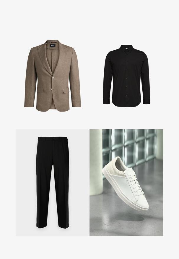 Brun blazer lavet af tekstureret stof, med revers, to frontlommer og enkeltknaplukning. To knapper på ærmerne.; Sort langærmet skjorte lavet af glat stof med spids krave, knaplukning foran og et lille logo på brystet.; Sorte bukser lavet af glat stof, med lige snit, to forlommer og lynlås med knaplukning.; Hvid sneaker med lavt snit, quiltet hæl og mærket "BOSS" på siden, vist svævende indendørs på en grå poleret gulv.