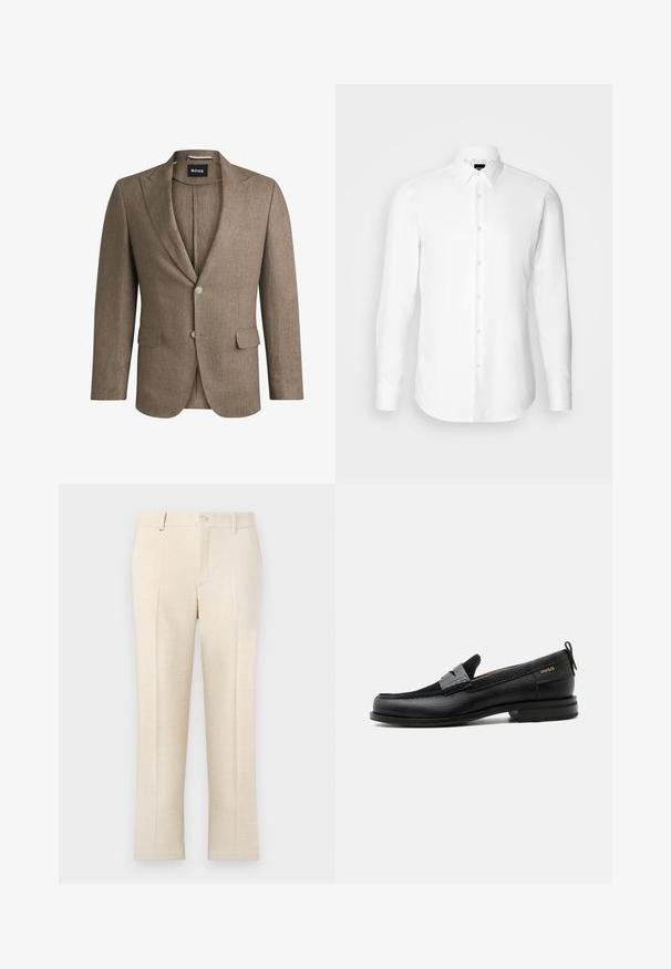 Brun blazer lavet af tekstureret stof, med revers, to frontlommer og enkeltknaplukning. To knapper på ærmerne.; Hvid skjorte med lange ærmer, knaplukning foran, klassisk krave, lavet af glat stof med en subtil tekstur, designet til et tætsiddende udseende.; Beige skræddersyede bukser i en tekstureret stof, med lynlås i gylfen, to frontlommer og et slankt, lige ben-design.; Sort læderloafer med grå remdetalje, lav hæl og tekstureret sål, mærket med "HUGO" i guld på siden.