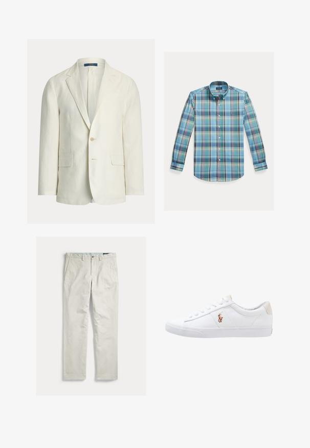 Herreblazer i cremefarve med slag med udskæring, to forlommer med klap, lukning med en knap og en Polo Ralph Lauren-mærkat indeni kraven.; Skjorte med knapper i blå og grønternet mønster, med lange ærmer, krave og et lille logo på brystet. Bomuldsblandet stof.; Lysebeige bukser med lige ben, forlommer, bæltestropper og knaplukning, vist fladt mod en hvid baggrund.; Hvide kanvas sneakers med lågtop design, prydet med en beige hælkappe og et lille broderet logo på siden. Gummisål.