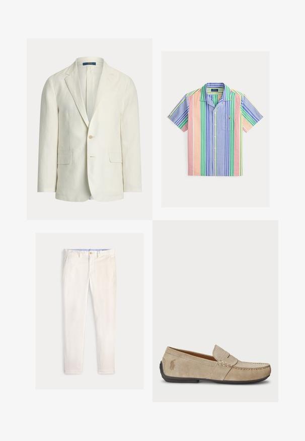 Herreblazer i cremefarve med slag med udskæring, to forlommer med klap, lukning med en knap og en Polo Ralph Lauren-mærkat indeni kraven.; Kortærmet skjorte med knapper og flerfarvede lodrette striber i blå, grøn, orange og rød. Har en lomme og krave. Bomuldsstof.; Herre slim-fit off-white bukser med frontlommer, bæltestropper og knaplukning på en ensfarvet baggrund.; Beige ruskindsloafers med syninger, flad gummisål og et lille logo på siden. Klassisk slip-on design, blød tekstur.