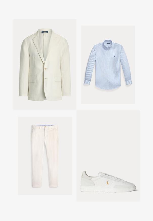 Cremefarbener Herrenblazer mit Kerbfallrevers, zwei vorderen Pattentaschen, einem Knopfverschluss und einem Polo Ralph Lauren Etikett im Kragen.; Hellblaues langärmeliges Hemd mit weißen vertikalen Streifen, einem Button-Down-Kragen und einem kleinen Logo auf der linken Brusttasche.; Herren Slim-Fit-Hose in Off-White mit Fronttaschen, Gürtelschlaufen und Knopfverschluss vor einfarbigem Hintergrund.; Weißer Sneaker in niedriger Ausführung mit Schnürdesign, goldenem Polo Ralph Lauren Logo an der Seite und strukturierter Sohle auf einfarbigem Hintergrund.