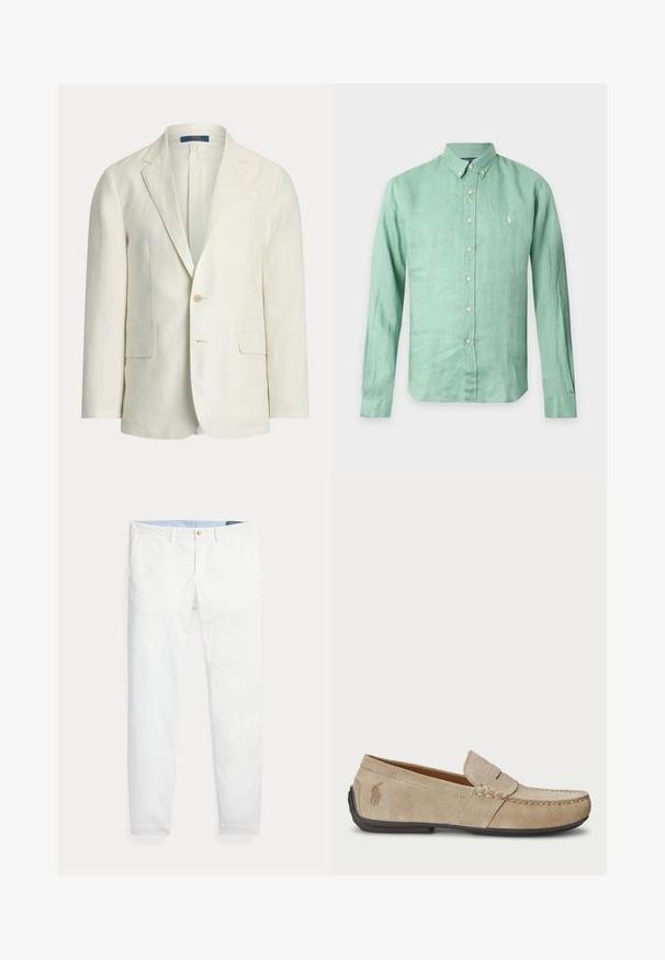 Herreblazer i cremefarve med slag med udskæring, to forlommer med klap, lukning med en knap og en Polo Ralph Lauren-mærkat indeni kraven.; Lysegrøn langærmet skjorte med knapper og knapkrave samt lille, hvidt broderet logo på venstre bryst.; Hvide bomuldschinos med slank pasform, med en enkelt guldknaplukning og lyseblåt inderliv. Glat tekstur uden mønstre.; Beige ruskindsloafers med syninger, flad gummisål og et lille logo på siden. Klassisk slip-on design, blød tekstur.