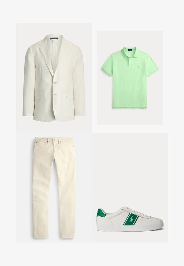 Pánsky krémový blejzer s výrezom na plieškach, dvoma prednými vreckami s chlopňou, zapínaním na jedno gombík a štítkom Polo Ralph Lauren vo vnútri goliera.; Polo tričko z ľahkej zelenej bavlny s klasickým golierom, krátkymi rukávmi a malým oranžovým vyšívaným logom na ľavej strane hrudníka.; Svetlobéžové rovné nohavice z textúrovaného materiálu. Majú päť vreciek a hnedé kovové doplnky. Bez viditeľných vzorov alebo ozdôb.; Biele nízke tenisky s zeleným pruhom a logom Polo na boku, zelený jazyk na päte a biele šnúrky, zobrazené z ľavej strany na jednoduchom pozadí.