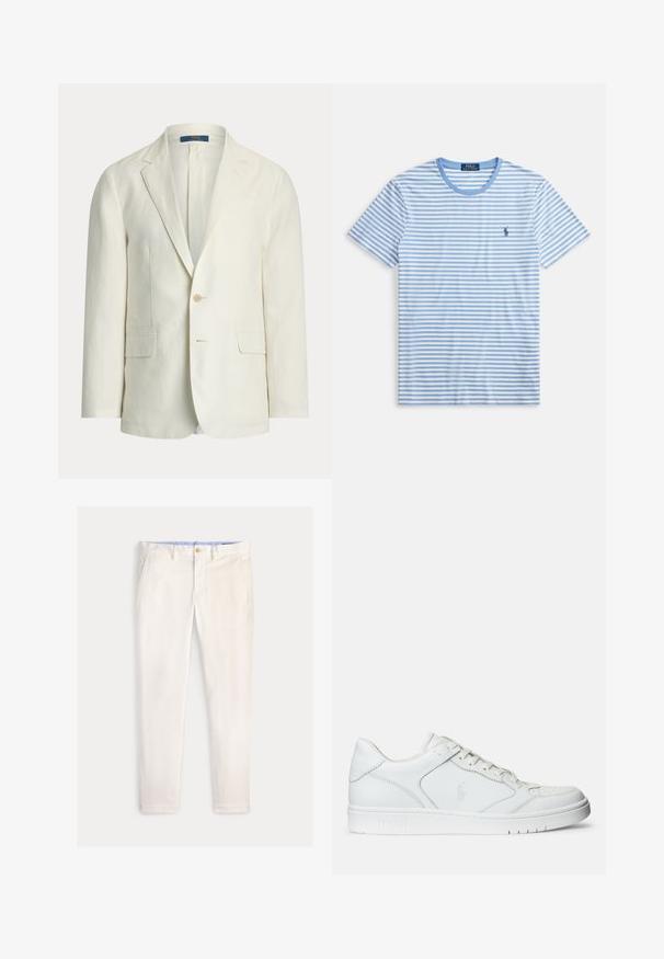 Pánsky krémový blejzer s výrezom na plieškach, dvoma prednými vreckami s chlopňou, zapínaním na jedno gombík a štítkom Polo Ralph Lauren vo vnútri goliera.; Pruhované tričko svetlomodrej a bielej farby, krátke rukávy, okrúhly výstrih, s malým vyšívaným logom na ľavej strane hrudníka. Bavlnený materiál.; Pánske štíhle nohavice slonovinovej farby s prednými vreckami, pútkami na opasok a zapínaním na gombík na jednofarebnom pozadí.; Biele kožené tenisky s hladkým povrchom, obsahujúce perforovanú špičku, šnúrkové uzatvorenie a vyšívané logo na boku. Biela gumová podrážka.