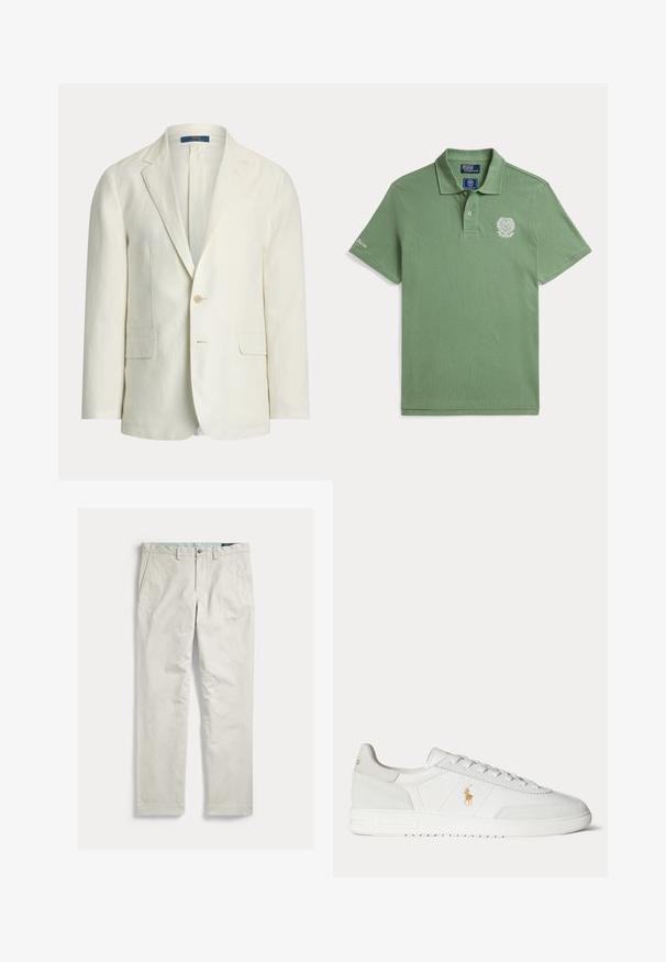 Cremefarbener Herrenblazer mit Kerbfallrevers, zwei vorderen Pattentaschen, einem Knopfverschluss und einem Polo Ralph Lauren Etikett im Kragen.; Grünes kurzärmeliges Poloshirt mit zwei Knöpfen, einem Kragen und einem weißen bestickten Wappen auf der linken Brust und am Ärmel.; Hellbeige gerade Hose mit Eingrifftaschen, Gürtelschlaufen und Knopfverschluss, flach auf weißem Hintergrund dargestellt.; Weißer Sneaker in niedriger Ausführung mit Schnürdesign, goldenem Polo Ralph Lauren Logo an der Seite und strukturierter Sohle auf einfarbigem Hintergrund.