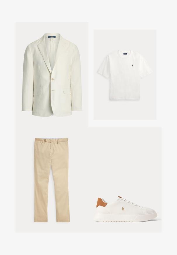 Herreblazer i cremefarve med slag med udskæring, to forlommer med klap, lukning med en knap og en Polo Ralph Lauren-mærkat indeni kraven.; Hvid T-shirt med korte ærmer, rund hals og lille sort Polo Ralph Lauren hestelogo på venstre bryst.; Beige bukser med lige ben, bæltestropper og frontlynlås, lagt fladt mod en hvid baggrund.; Hvid lavtop sneaker med tan hælfane, hvide snørebånd og lille broderet polo-spiller logo på siden over en tyk sål.