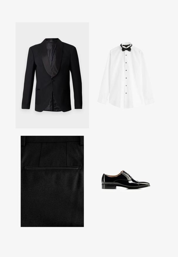 Veste de costume noir avec revers en satin, fermeture à un seul bouton et doublure texturée noire à motif, dotée de deux poches latérales.; Chemise blanche à manches longues avec des boutons noirs et un nœud papillon noir pré-noué sur fond blanc.; Pantalons en tissu noir avec une texture douce, une poche arrière zippée et des coutures sur mesure pour un aspect ajusté.; Chaussure Oxford homme en cuir verni noir avec laçage fermé, bout cap-toe et petit talon empilé, vue de profil droit sur fond blanc.