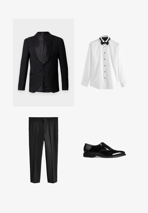 Veste de costume noir avec revers en satin, fermeture à un seul bouton et doublure texturée noire à motif, dotée de deux poches latérales.; Chemise blanche à manches longues avec des boutons noirs et un nœud papillon noir pré-noué autour du col, présentée sur un fond blanc.; Pantalons noirs au design droit, avec un devant plat, des poches latérales et une apparence lisse et taillée. Fabriqués en tissu léger.; Chaussure de ville en cuir verni noir avec une finition lisse, un design à lacets, un bout arrondi et une semelle noire unie et basse. Détail de couture minimaliste.