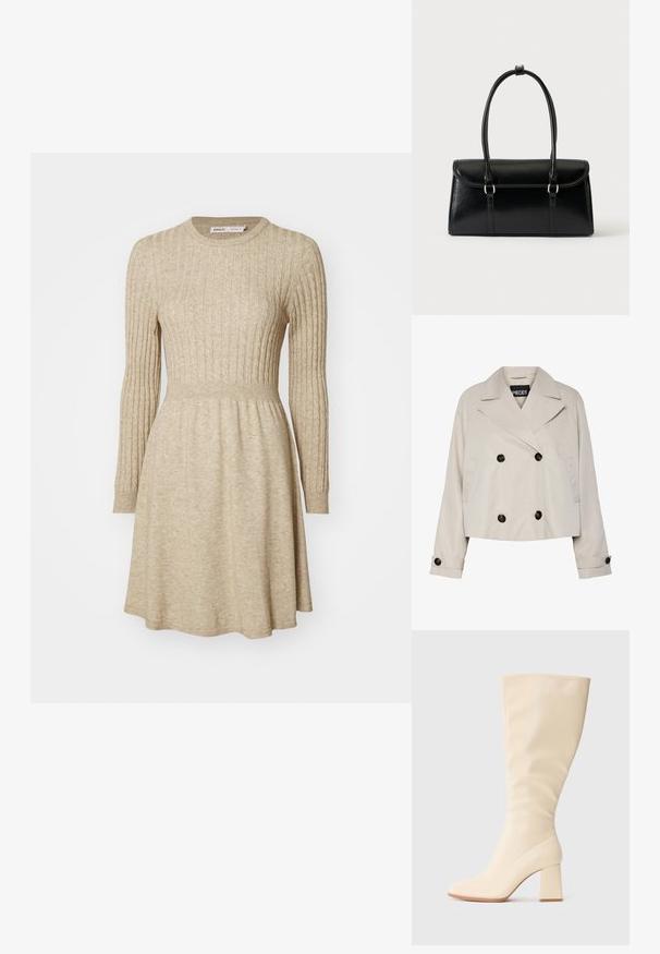 Hellbeige cropped Doppelreiher-Jacke mit breiten Revers, vier schwarzen Knöpfen vorne und geknöpften Manschetten an den langen Ärmeln.; Beige Rippstrickkleid mit langen Ärmeln, rundem Halsausschnitt, taillierter Taille und ausgestellt Rock. Weiche Textur mit subtilen Farbvariationen.; Cremefarbene kniehohe Stiefel mit Blockabsatz und glatter Oberfläche, seitlich auf einem einfarbigen Hintergrund gezeigt.; Schwarze, rechteckige Lederhandtasche mit Klappverschluss und zwei langen Griffen vor weißem Hintergrund.