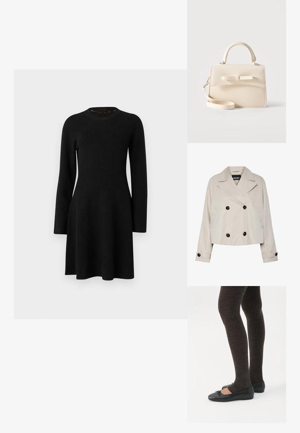 Chaqueta corta de doble botonadura en color beige claro, con amplias solapas, cuatro botones negros en el frente y puños abotonados en las mangas largas.; Vestido negro de manga larga hecho de una tela suave. Presenta un cuello redondo, un cuerpo ajustado y una falda acampanada, con una textura lisa. Sin patrones ni acentos.; Piernas con leggings oscuros acanalados combinados con bailarinas negras que presentan pequeños detalles de lazo sobre un fondo blanco.; Pequeño bolso beige con asa superior, correa desmontable, solapa frontal y lazo decorativo horizontal sobre un fondo liso.