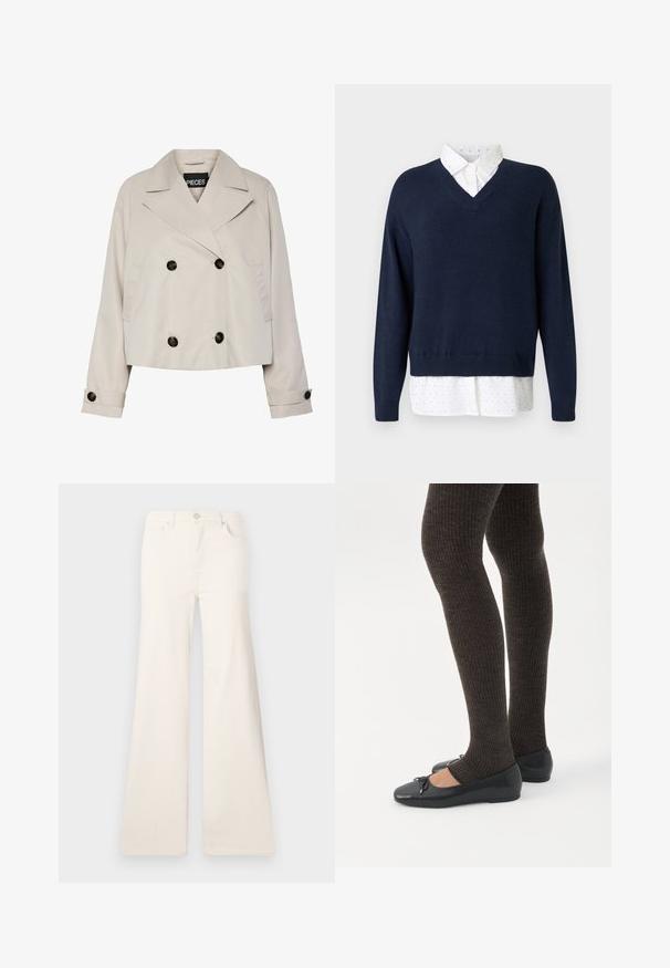 Hellbeige cropped Doppelreiher-Jacke mit breiten Revers, vier schwarzen Knöpfen vorne und geknöpften Manschetten an den langen Ärmeln.; Marineblauer V-Ausschnitt-Pullover aus weichem Strick, über einem weißen Hemd mit kleinen, verstreuten Punkten und einem klassischen Kragen.; ONLY Wide-fit ONLMADISON High waist Wide Leg Fit - Wide Leg - ecru; Beine in dunklen, gerippten Leggings kombiniert mit schwarzen Ballerinas mit kleinen Schleifendetails auf weißem Hintergrund.