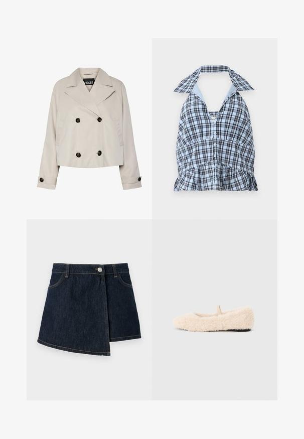 Lichtbeige cropped dubbelknopsgeschakeld jack met brede revers, vier zwarte knopen aan de voorkant en knoopsluiting op de lange mouwen.; Blauw en wit geruite haltertop met een diepe V-hals, knoopsluiting en gerimpelde zoom. Heeft een contrasterende lichtblauwe kraag.; Denimrok met een donkere wassing, A-lijn vorm, sluiting aan de voorkant met knopen en subtiele stikdetails. Heeft een zijwaartse wikkelontwerp.; Pluizig, crèmekleurig slipper met een zachte textuur, ronde neus, minimalistisch ontwerp en een klein stoffen lusje aan de achterkant voor gemakkelijk aan- en uittrekken.