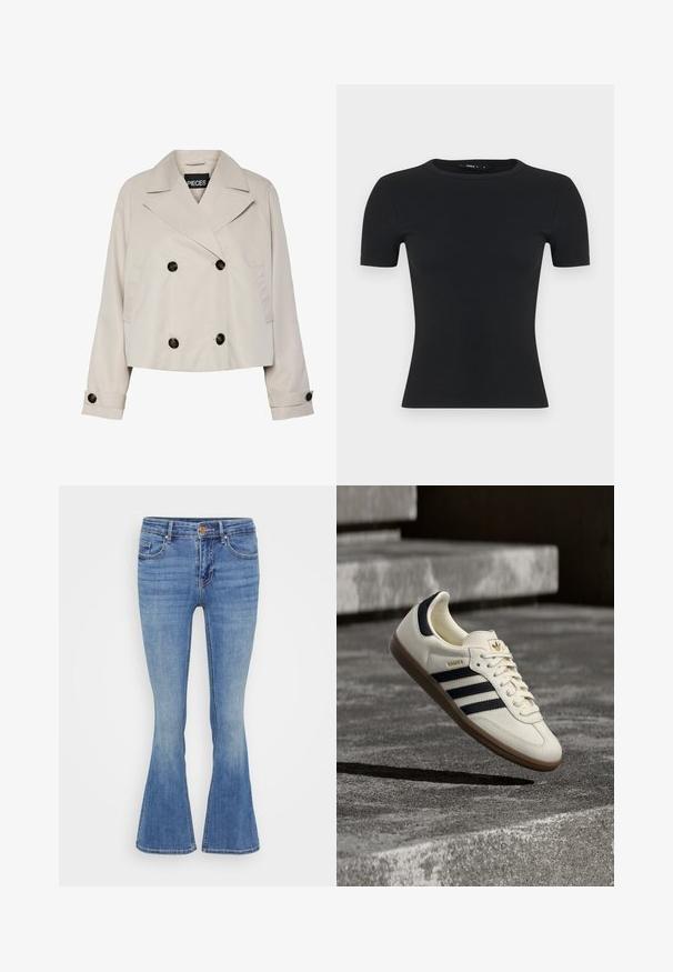Lys beige cropped dobbeltradet jakke med brede revers, fire sorte knapper foran og knaplukning på lange ærmer.; Sort, ribbet t-shirt med korte ærmer, rund halsudskæring, tætsiddende design, lavet af tekstureret stof med en glat finish og uden synlige detaljer.; Blå denim jeans med flared ben og medium højde i taljen, femlomme-design og klassisk syning. Bløde at røre ved med en let falmet finish.; Hvid Adidas Samba sneaker med sorte striber og gummsål, svævende over teksturerede grå betonstrin.