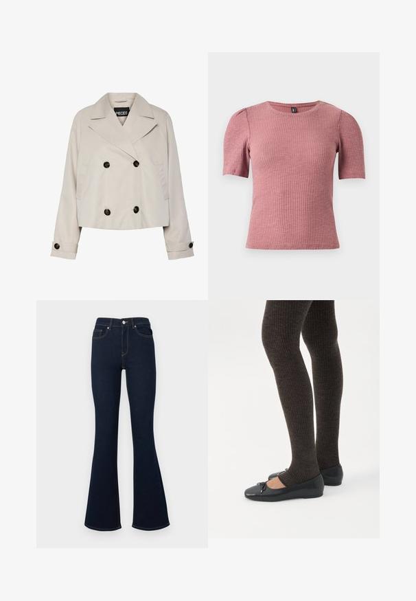 Hellbeige cropped Doppelreiher-Jacke mit breiten Revers, vier schwarzen Knöpfen vorne und geknöpften Manschetten an den langen Ärmeln.; Kurzärmeliges, strukturiertes Oberteil aus rippenartigem stoff in staubigem Rosa. Rundhalsausschnitt mit dezenten Puffärmeln. Eng anliegende Form, elastisches Material.; Dunkelblaue Jeans mit ausgestelltem Bein, hohem Bund, Fronttaschen und kontrastierender Naht, gefertigt aus Denimstoff mit glatter Textur.; Beine in dunklen, gerippten Leggings kombiniert mit schwarzen Ballerinas mit kleinen Schleifendetails auf weißem Hintergrund.