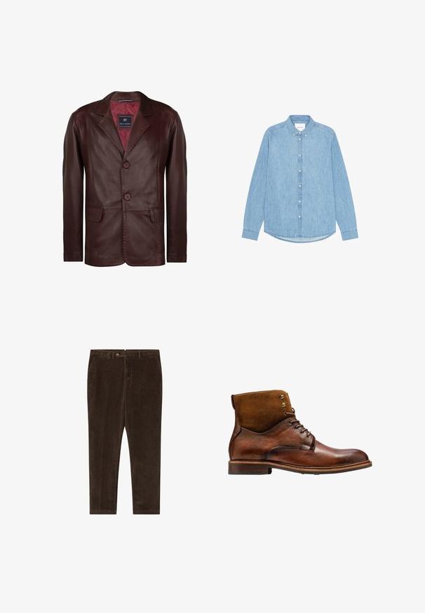 Blazer en cuir marron avec une texture lisse, col échancré, deux boutons et deux poches avant. L'intérieur présente une doublure rouge contrastante.; Chemise en denim bleu clair à manches longues, avec col pointu et ourlet arrondi. Dotée d'une fermeture à boutons sur le devant et d'un petit logo.; Pantalons en velours côtelé marron avec une coupe droite, dotés d'une fermeture à bouton, de poches latérales et d'une texture lisse.; Kazar ALID - Bottines à lacets - brown