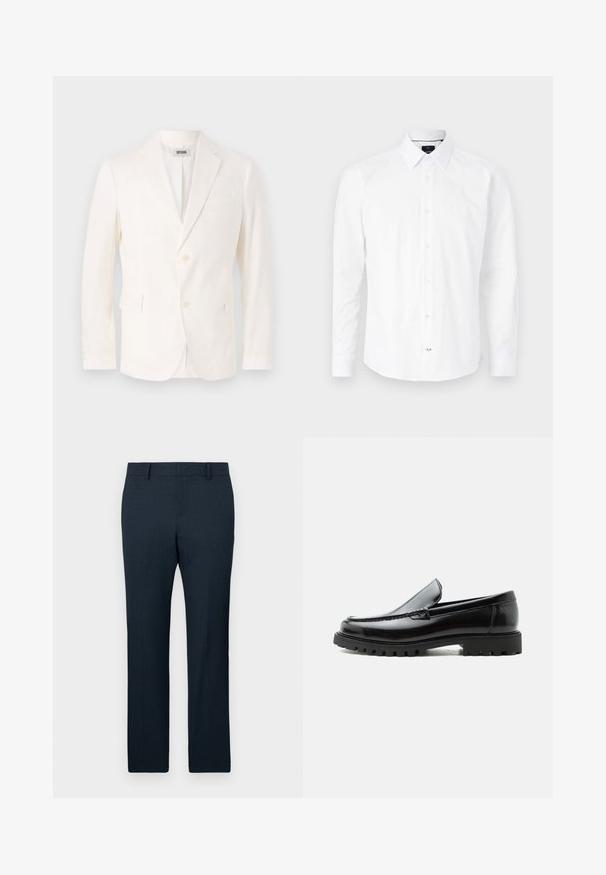 Blazer léger blanc avec un design à boutonnage simple, des revers à cran, deux poches avant et une fermeture à trois boutons. Texture douce, coupe moderne.; Chemise blanche à manches longues en coton. Présente un col boutonné, une fermeture à boutons à l'avant avec des boutons roses, et un ourlet arrondi.; Pantalons ajustés bleu marine en tissu texturé, à jambes droites et plis avant. Équipés de passants de ceinture et d'une taille lisse.; Mocassin en cuir noir avec semelle en caoutchouc épaisse, dessus cousu et nom de marque embossé sur le talon, présenté de profil sur fond blanc.