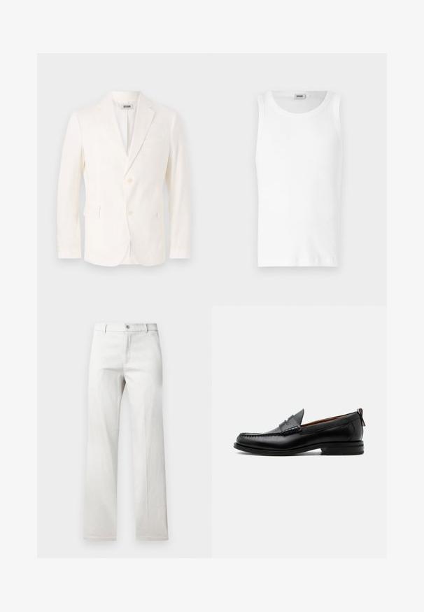 Blazer léger blanc avec un design à boutonnage simple, des revers à cran, deux poches avant et une fermeture à trois boutons. Texture douce, coupe moderne.; Débardeur en coton blanc sans manches avec un col rond et une texture lisse. Design simple, sans motifs ni accents.; Pantalon gris clair avec une coupe droite, fabriqué dans un tissu lisse, doté d'une fermeture à bouton à l'avant et de poches latérales.; Mocassin homme en cuir noir avec couture moc toe, bride penny, col texturé et petit talon empilé sur fond blanc.