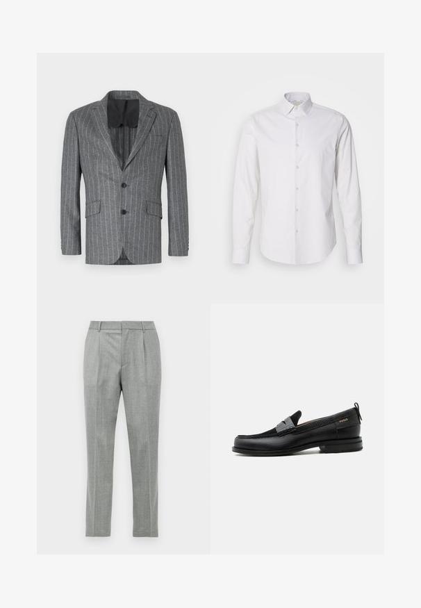 Grå blazer med pyntestriber, enkelt sort knap, to frontlommer og sort inderside, med en notch revers og skræddersyet pasform.; Hvid langærmet skjorte med spids krave, knaplukning foran, lavet af et glat stof. Har en subtil stribet tekstur.; Lys grå skræddersyede dressbukser med frontfolder, bæltestropper og lige benmodul på en hvid baggrund.; Sort læderloafer med grå remdetalje, lav hæl og tekstureret sål, mærket med "HUGO" i guld på siden.