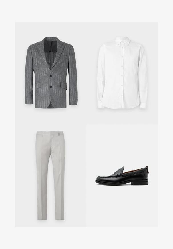 Blazer gris à rayures avec un seul bouton noir, deux poches avant et une doublure intérieure noire, présentant un col à cran et une coupe ajustée.; Chemise blanche à manches longues avec boutons, fabriquée en coton. Comprend un col pointu et un petit logo brodé sur la poitrine. Texture lisse.; Pantalons tailleur gris clair avec une texture lisse, devant plat et deux poches latérales. Ils présentent des jambes droites et des détails de plis subtils.; Mocassin homme en cuir noir avec couture moc toe, bride penny, col texturé et petit talon empilé sur fond blanc.