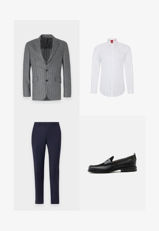 Blazer gris à rayures avec un seul bouton noir, deux poches avant et une doublure intérieure noire, présentant un col à cran et une coupe ajustée.; Chemise blanche à manches longues avec un col, dotée d'une fermeture à boutons sur le devant et d'un tissu doux et lisse. Aucun motif ou accent visible.; Pantalons sur mesure bleu marine au design épuré, à l'avant plat, aux jambes étroites et sans matériel ou motifs visibles. Tissu au texture lisse.; Mocassin en cuir noir avec détail de bride grise, talon bas et semelle texturée, marqué "HUGO" en or sur le côté.