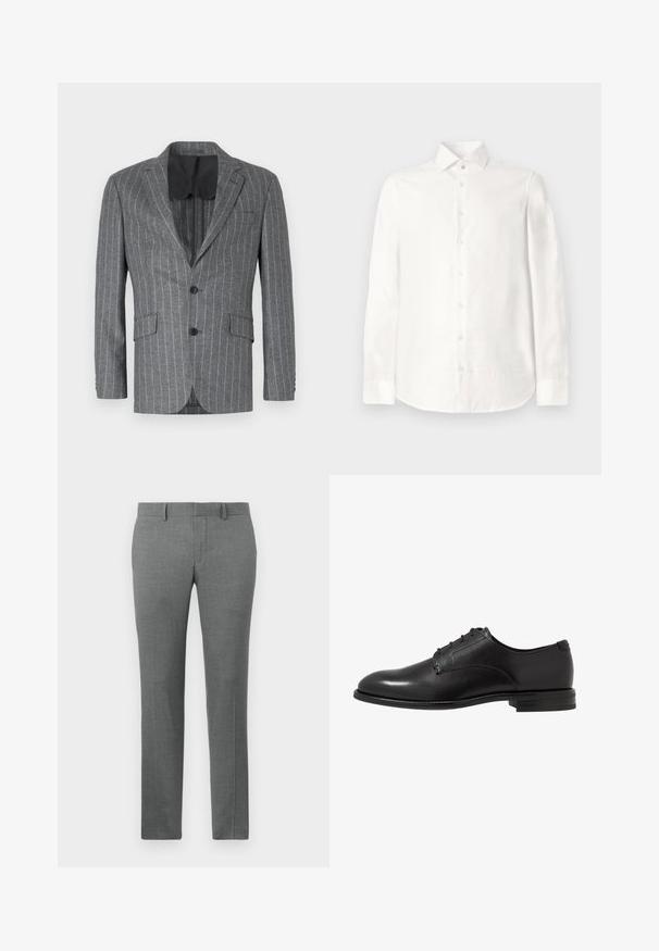 Grå blazer med pyntestriber, enkelt sort knap, to frontlommer og sort inderside, med en notch revers og skræddersyet pasform.; Hvid langærmet skjorte lavet af glat stof. Har en spids krave, frontlukning med knapper og en rundet kant. Ingen synlige mønstre.; Grå skræddersyede bukser med en glat tekstur, lige ben design, bæltestropper og et subtilt hørmønster over det hele.; Sorte lædersko med en glat overflade, rund tå, seks snørrehuller og en lav stablet hæl. Enkel, klassisk design.