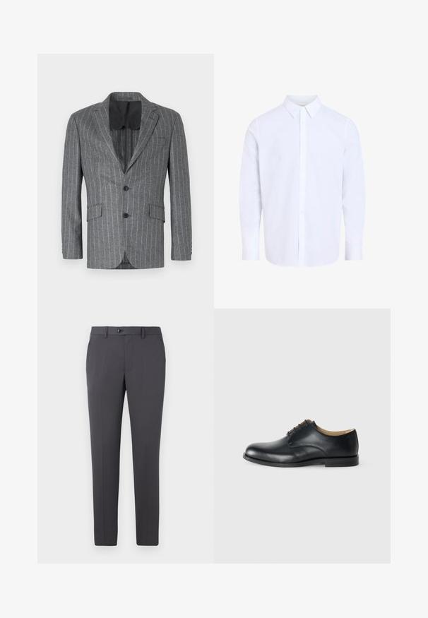 Blazer gris à rayures avec un seul bouton noir, deux poches avant et une doublure intérieure noire, présentant un col à cran et une coupe ajustée.; Chemise blanche à manches longues avec col classique, en tissu lisse, avec une patte de boutonnage devant et un ourlet arrondi.; Pantalon gris en tissu lisse, avec une coupe droite, fermeture à bouton, passants de ceinture et poches latérales. Design simple et fonctionnel.; Calvin Klein ESS DERBY - Derbies - triple black